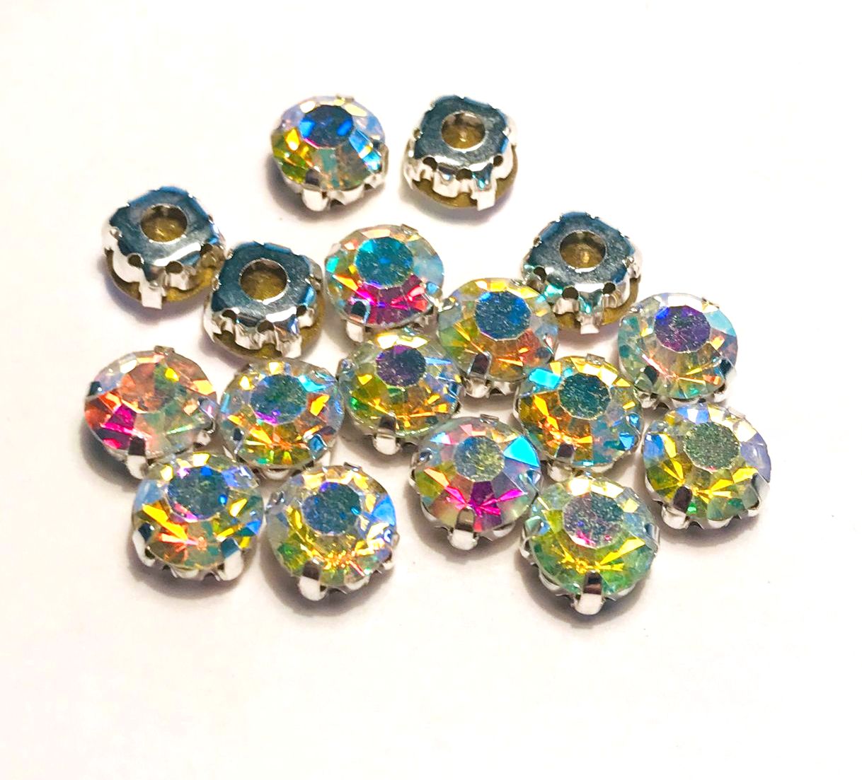4mm-8mm Sew On Rhinestones with Silver setting, Round, 5pks