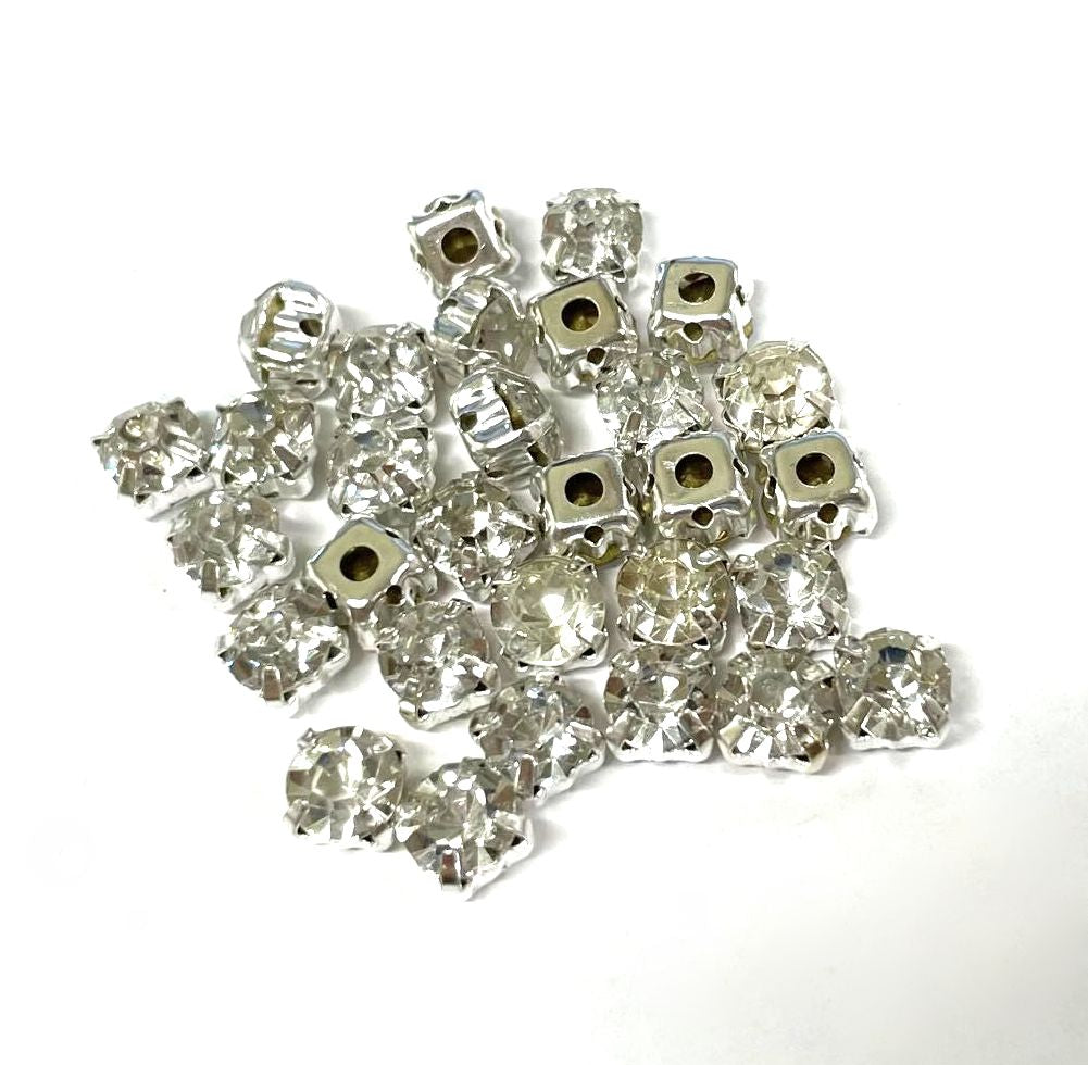 4mm-8mm Sew On Rhinestones with Silver setting, Round, 5pks