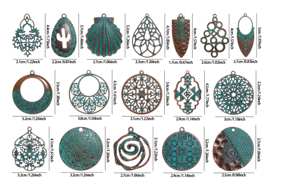 Antique Copper Patina Blue Boho Pendants Charms 10pcs