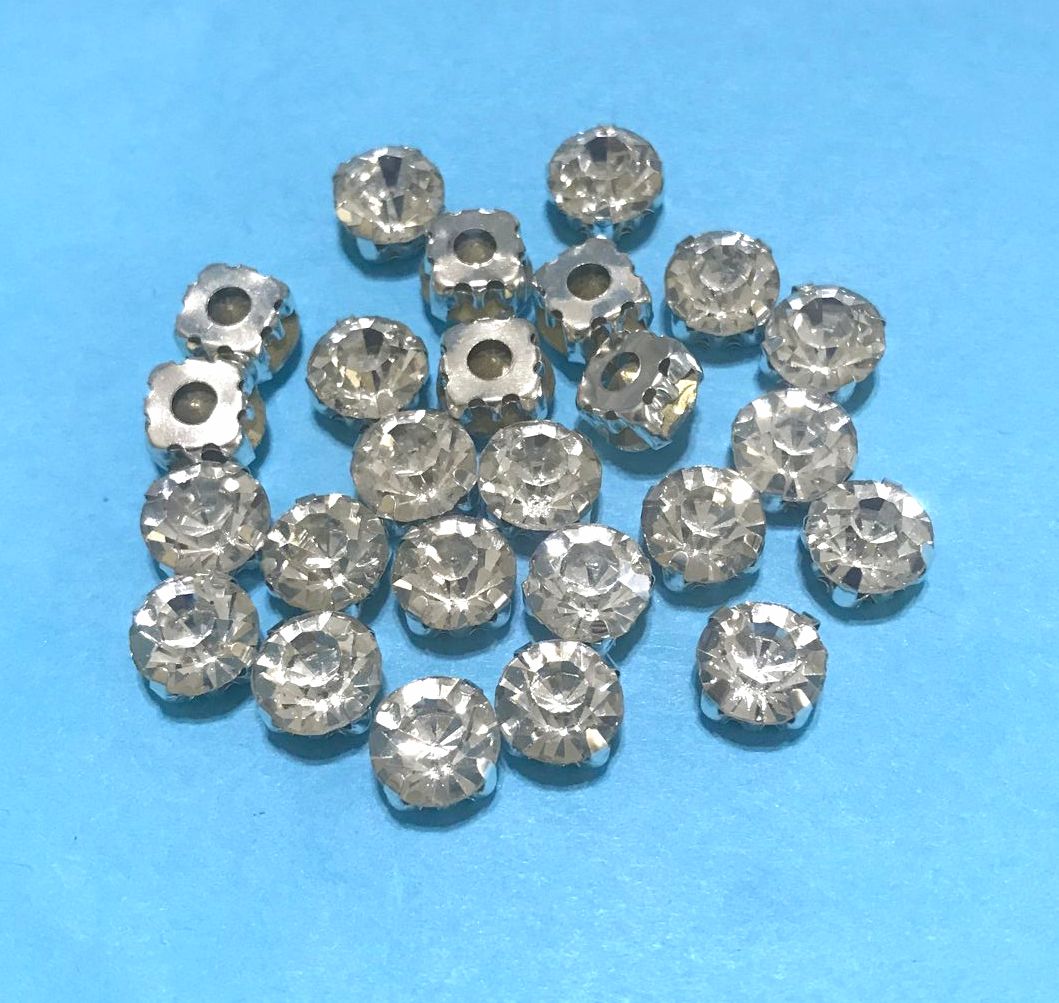 4mm-8mm Sew On Rhinestones with Silver setting, Round, 5pks