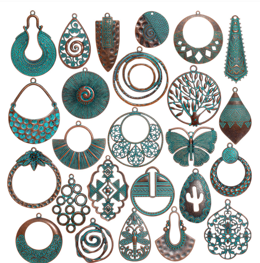 Antique Copper Patina Blue Boho Pendants Charms 10pcs