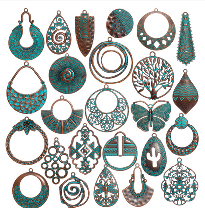 Antique Copper Patina Blue Boho Pendants Charms 10pcs